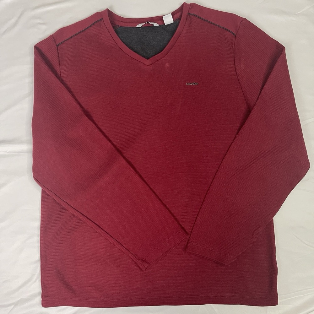 Calvin Klein Mens Medium Burgundy V Neck Sweater Ribbed Pullover Gray Trim